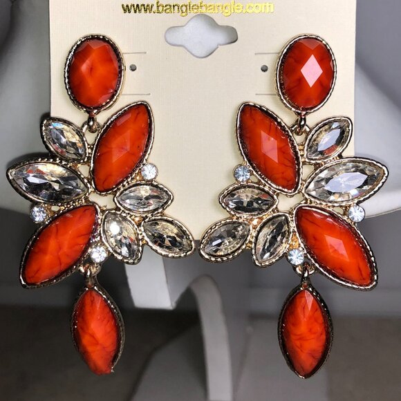 Amrita Coral Orange & Crystal Chandelier Earrings - Picture 1 of 8